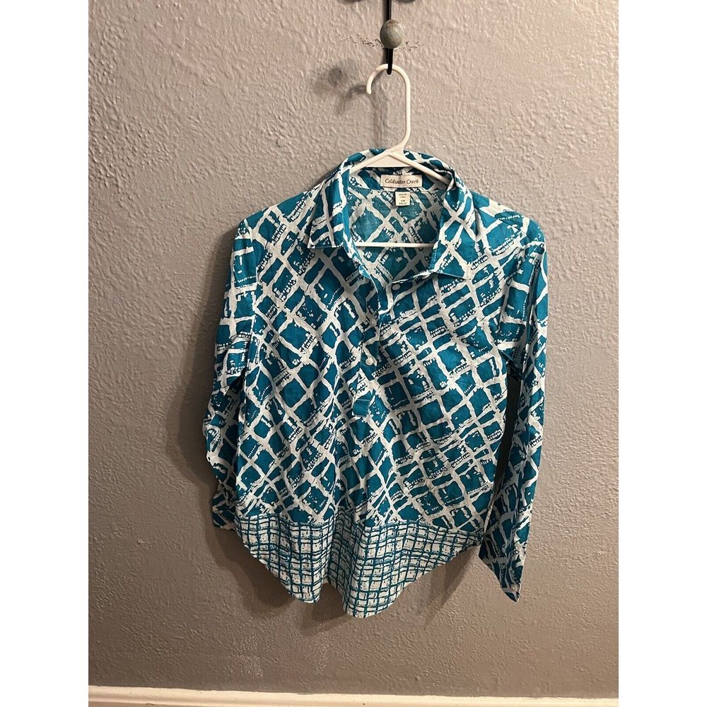 Coldwater Creek‎ Top 1/2 Button Down Shirt Bluish & White Size PM